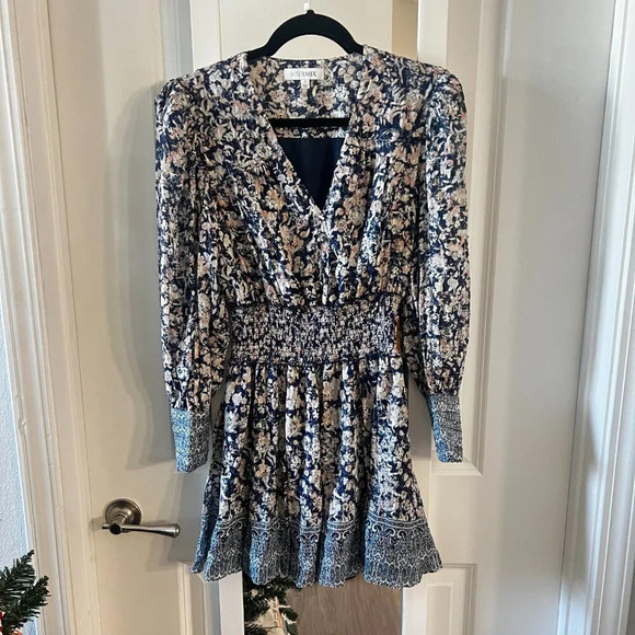 855 Intermix Lana Floral Smocked Mini Dress Size 2 Color Blue - Picture 5 of 11